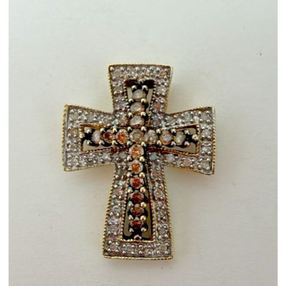 14K Yellow Gold HN Heng Ngai Chocolate & White Diamond Cross Pendant